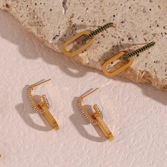 Green Zircon 18K Gold Plated Chain Drop Earrings Stainless Steel - Picture 6 of 7